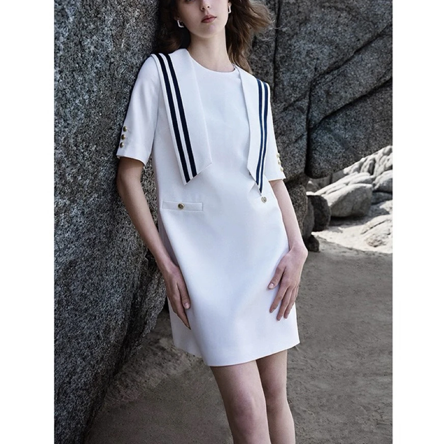 欧家（OC）撤柜剪标法式优雅三色海军领收腰气质百搭连衣裙