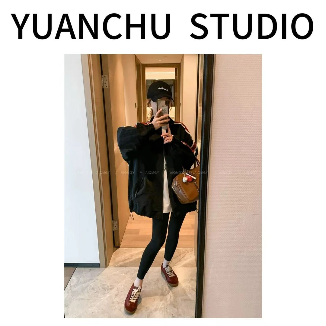 【YC】2025早春新款黑色撞色立领冲锋衣女宽松显瘦百搭外套