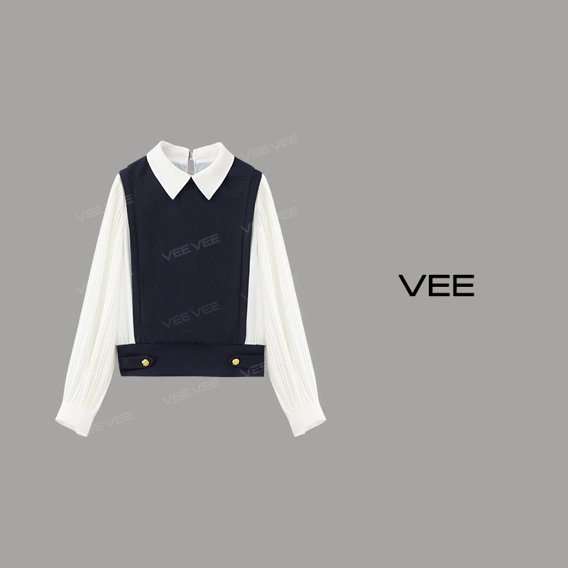 VEE【诗集】新款春季时尚休闲气质百搭假两件翻领套头针织衫