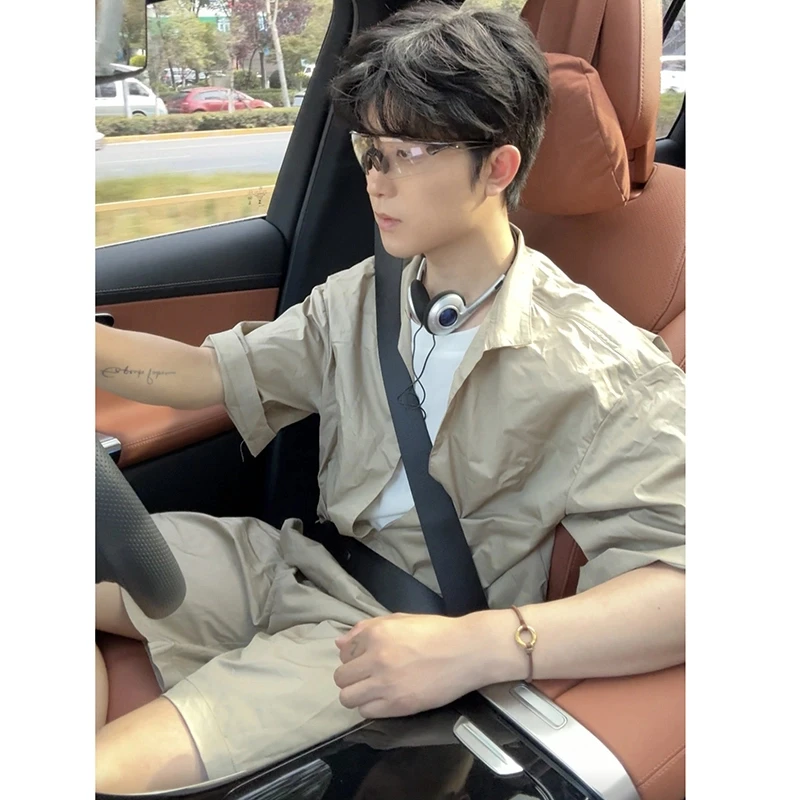 老钱风假两件夏季轻薄男女混纺懒人套装休闲帅时尚宽松衬衫短裤