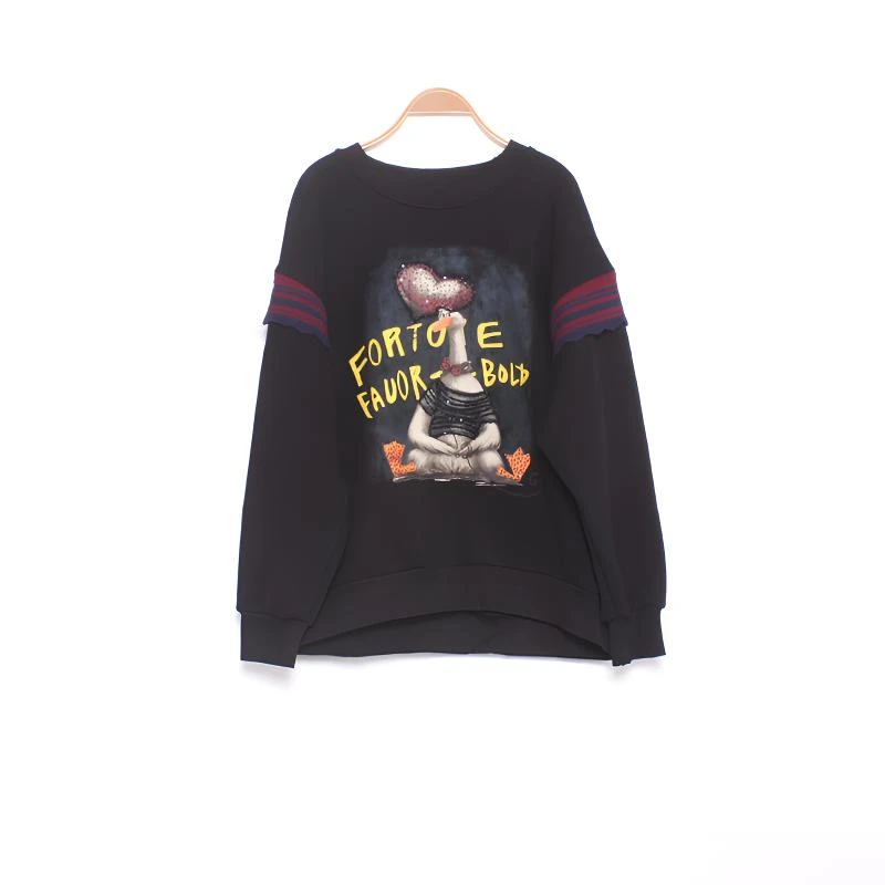 时尚卫衣加绒加厚圆领长袖大码宽松显瘦潮牌卡通字母印花休闲百搭