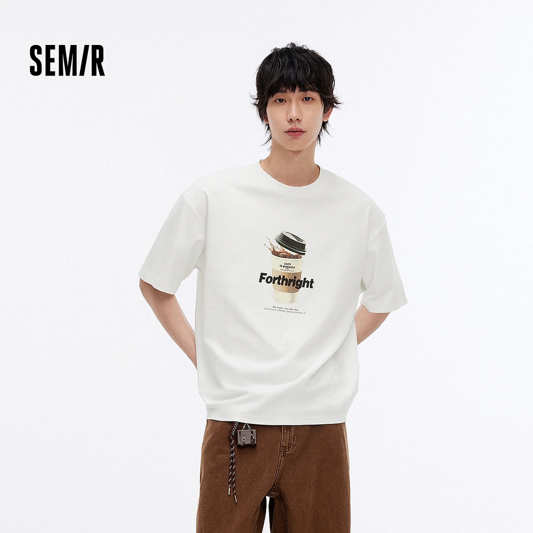 森马短袖T恤男宽松字母印花t恤白色秋季圆领落肩上衣都市简约潮流