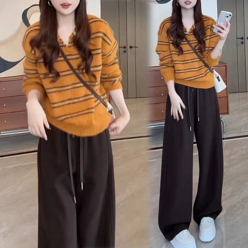 美式复古撞色条纹翻领长袖针织衫女秋季百搭宽松显瘦上衣