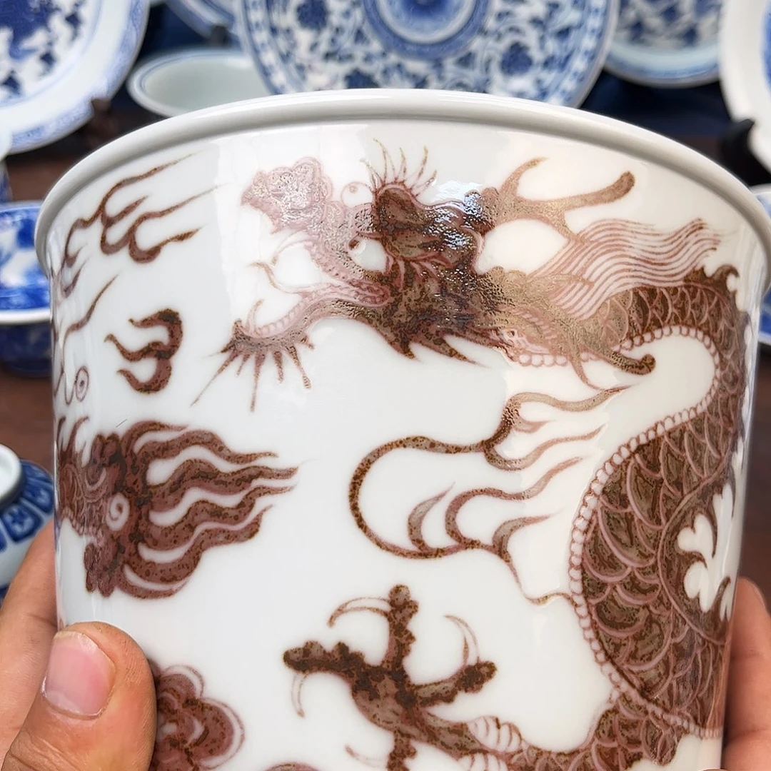 摆件冰桶釉里红手绘龙