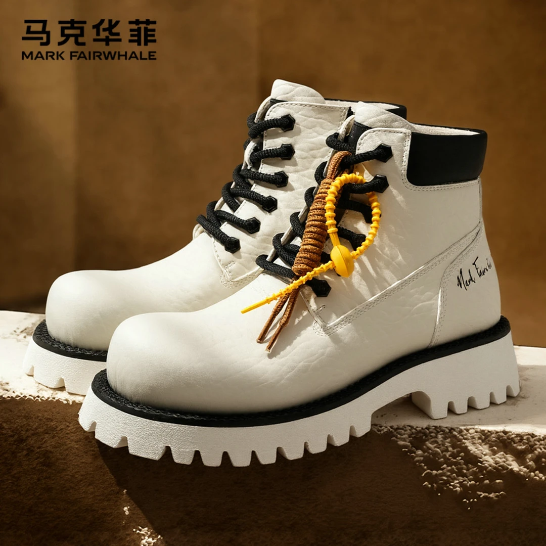 马克华菲靴子男2025新款秋冬季厚底增高白色工装靴真皮拉链高帮鞋
