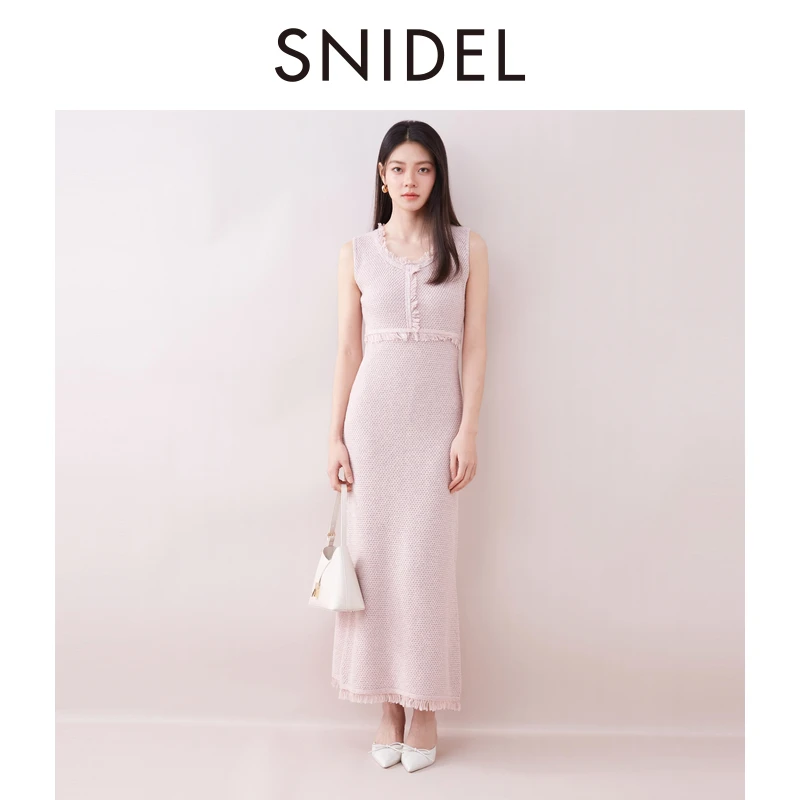 SNIDEL2025早秋新品毛边圆领无袖后开叉针织小香连衣裙SWNO251097
