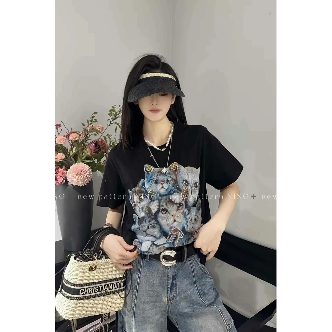 KIKI严选：39229-丽家欧洲站南油夏季猫咪图案简约短袖T恤上衣