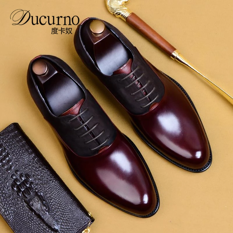 英伦商务正装皮鞋男高端尖头酒红色牛津鞋伴郎结婚鞋新郎大尺码男