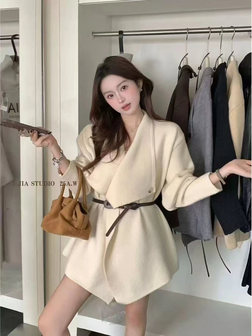 韩系富家女高级感气质不规则翻领针织开衫外套女配腰带