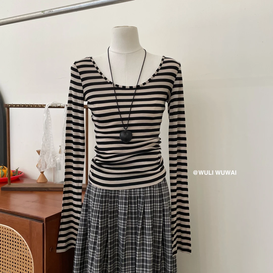 【NO退NO换】鑫燃KIKI 小众时尚高级设计感条纹打底衫 86019 WU (F)