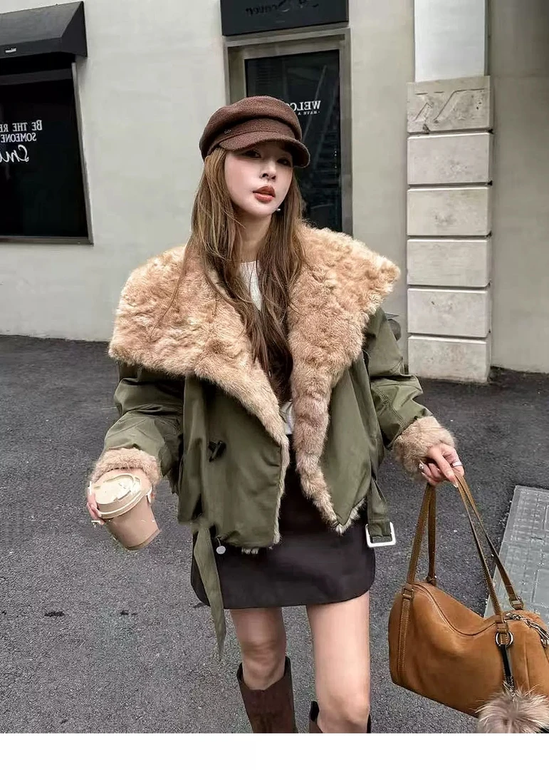 冬季翻领外套女短款纯色保暖派克服休闲女士上衣加绒加厚衣长60