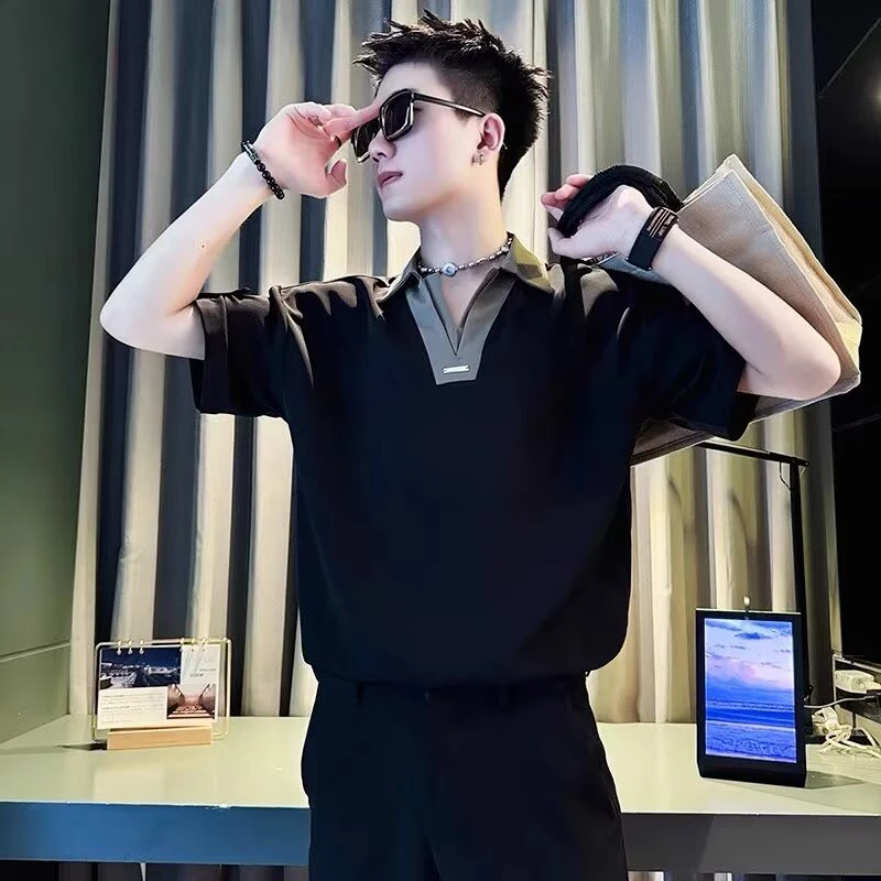 v领男士t恤短袖新款时尚polo衫痞帅高级感韩版男装夏季设计感上衣