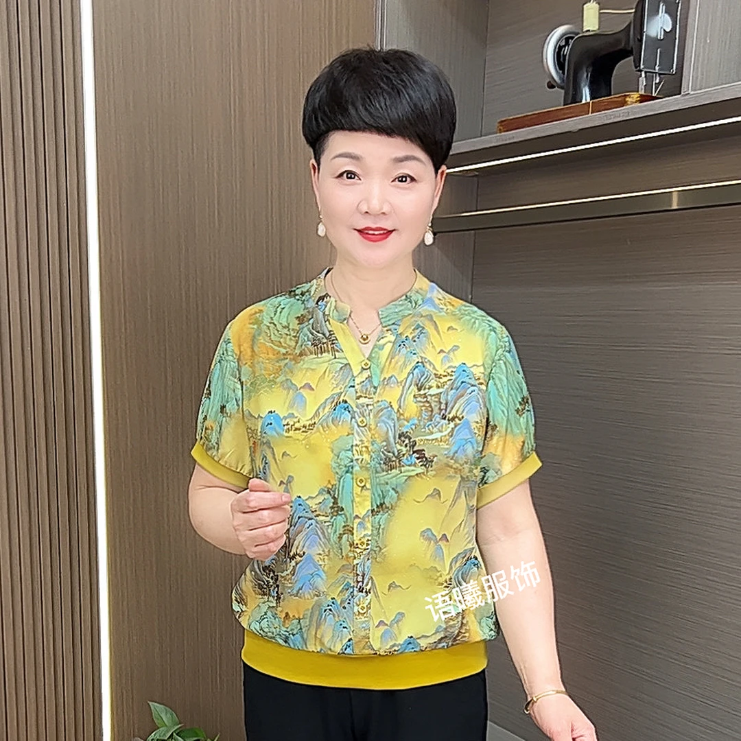 时尚薄款休闲风宽松型中老年女装百搭夏季短袖T恤F8862-1