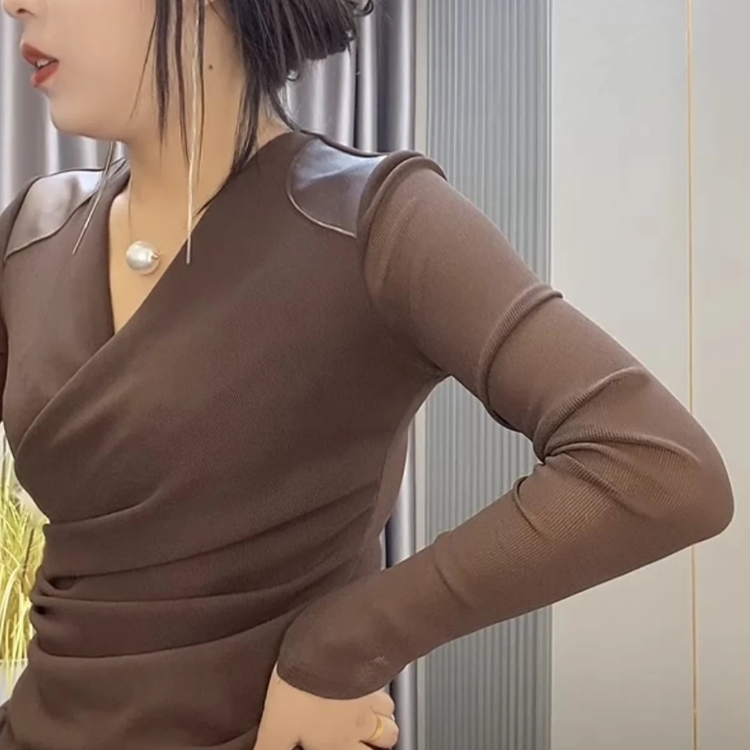 V领显瘦轻职风长袖百搭秋冬网纱轻奢修身收腰设计师法式4856