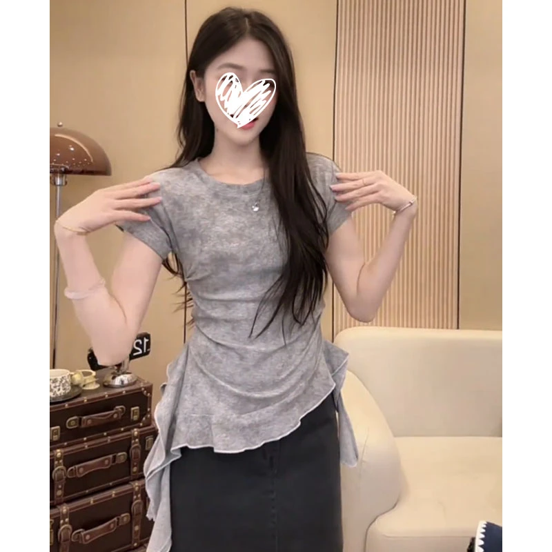 辣妹复古褶皱扎染短袖t恤设计感荷叶边不规则飘带下摆显瘦上衣潮