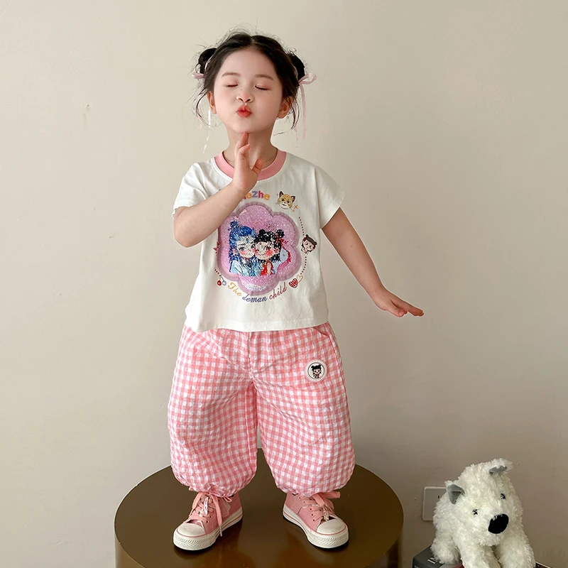 哪吒衣服女童短袖套装夏季2025新款亮片变脸宝宝洋气童装儿童夏装