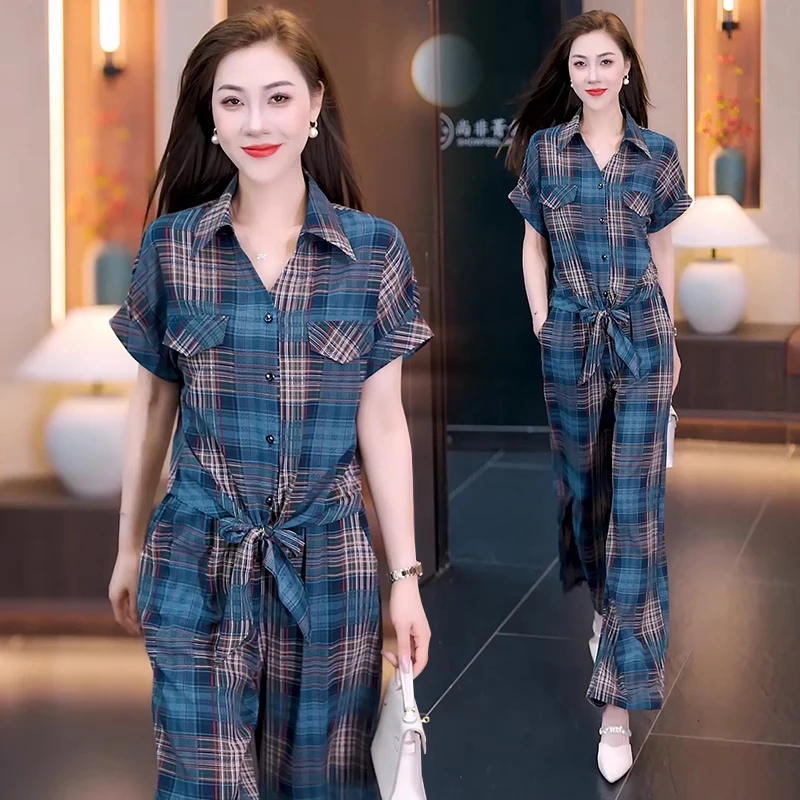 时尚休闲格子套装女2025夏季新款洋气质减龄衬衣阔腿裤垂感两件套
