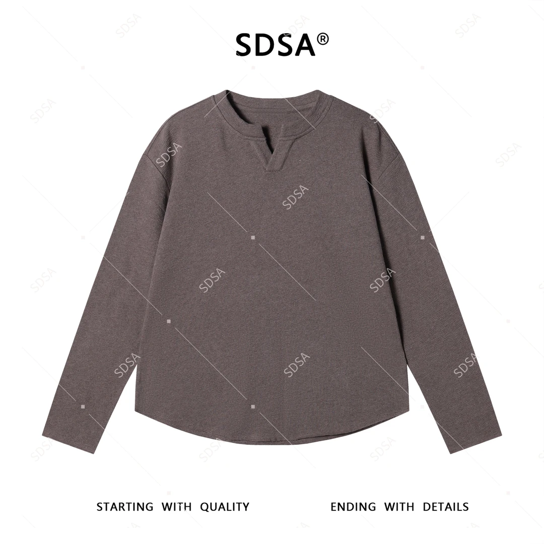 SDSA男士长袖t恤2025新款轻奢痞帅男装下摆不规则小V领设计上衣