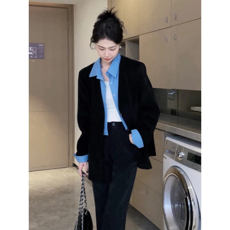 拉夏贝尔女生开春西服上衣2025年新款假两件休闲外套女衬衫质感