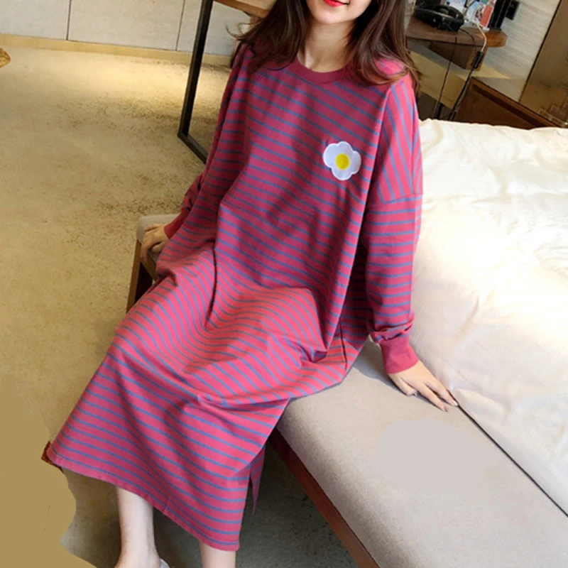 春秋季条纹长袖女士睡裙舒适休闲长款家居裙女款睡衣成人家居服