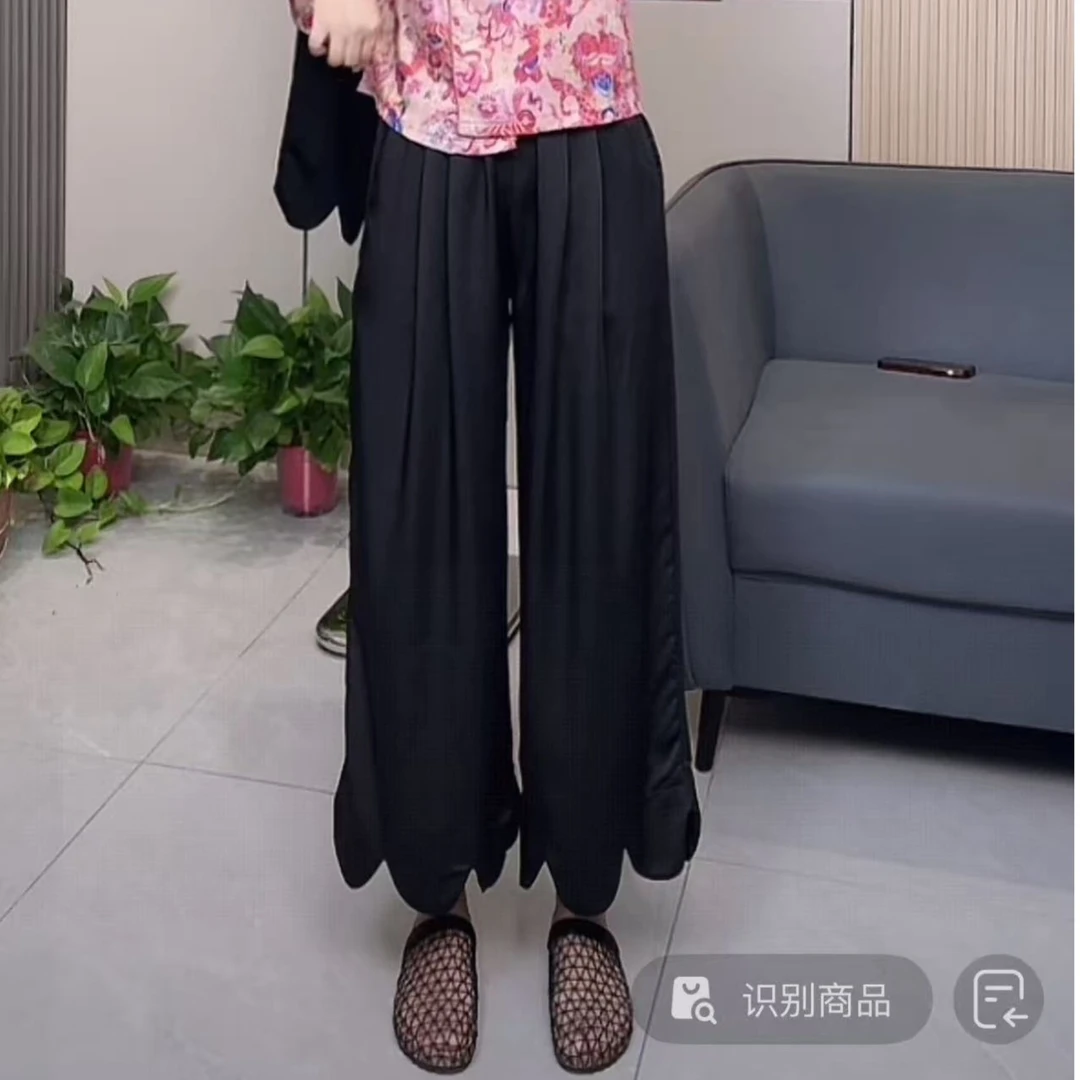 【慕妍专属】25159（裤长88左右）韩系黑色木耳波浪边缎面凉凉阔腿裤