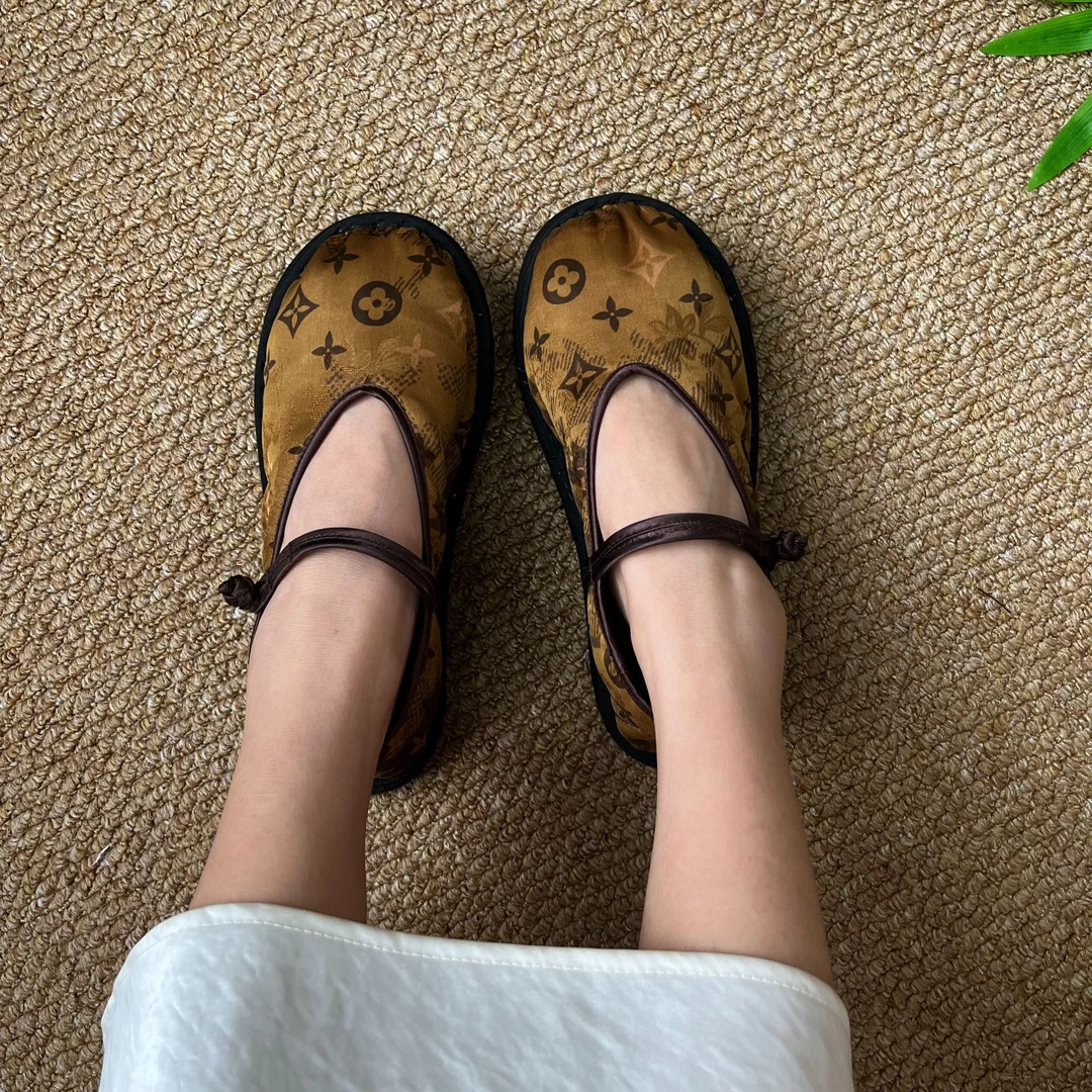 桃喜咖色【四叶花】新中式国风非遗纯手工千层底布鞋香云纱气质优雅