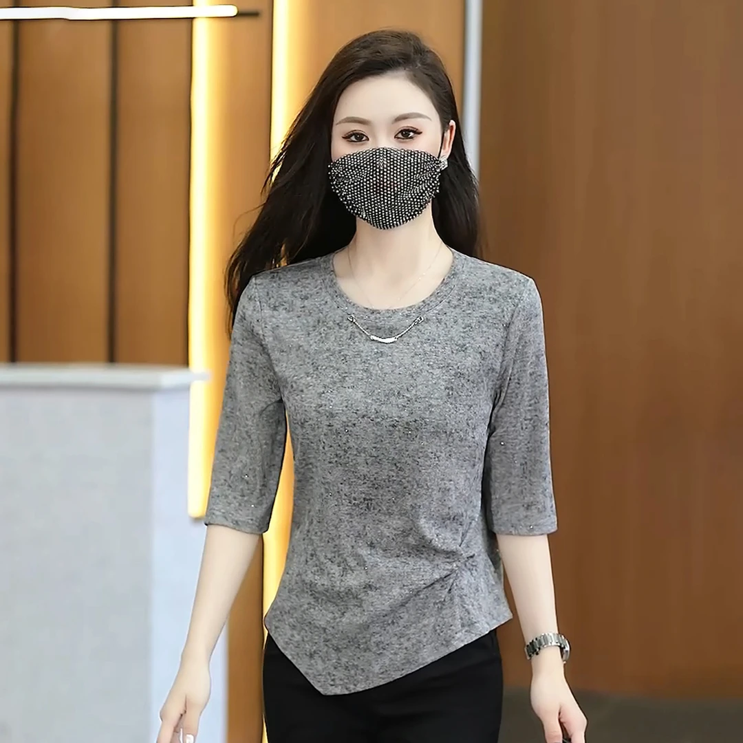 烫金圆领半袖收腰T恤早秋新款洋气修身显瘦百搭秋天上衣女士小衫