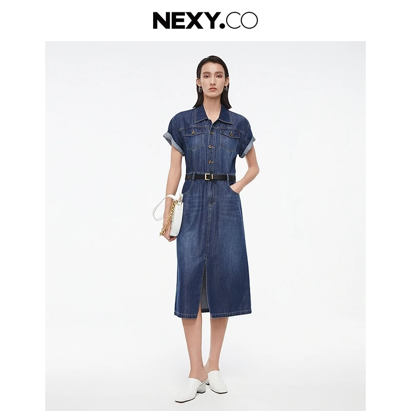 【晨粉专享价】NEXY.CO/奈蔻牛仔气质休闲显瘦蓝色连衣裙（水产品）XF
