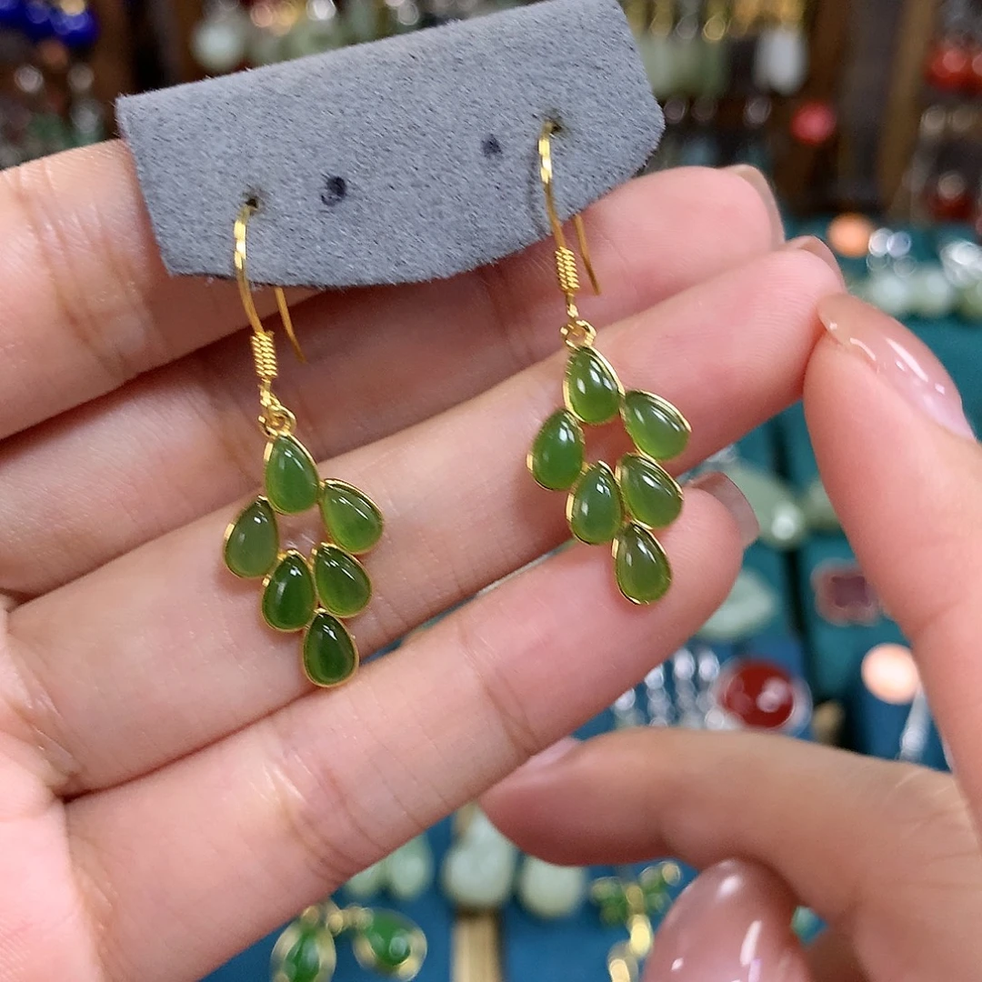 和田玉（碧玉）银S925镶嵌耳饰树叶