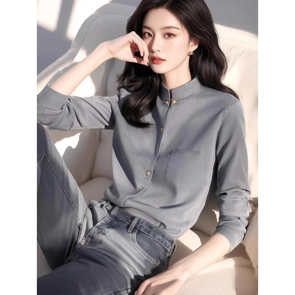 高端衬衫女长袖25春秋通勤立领抗皱衬衣ol职业轻熟风上衣面试正装