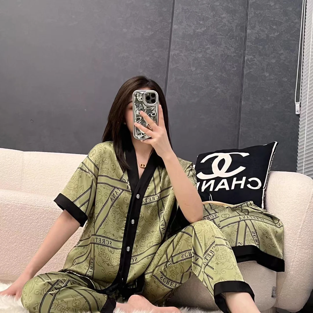 达芬奇密码欧若风短袖三件套抹茶奶绿睡衣女套装大码舒适轻奢时尚