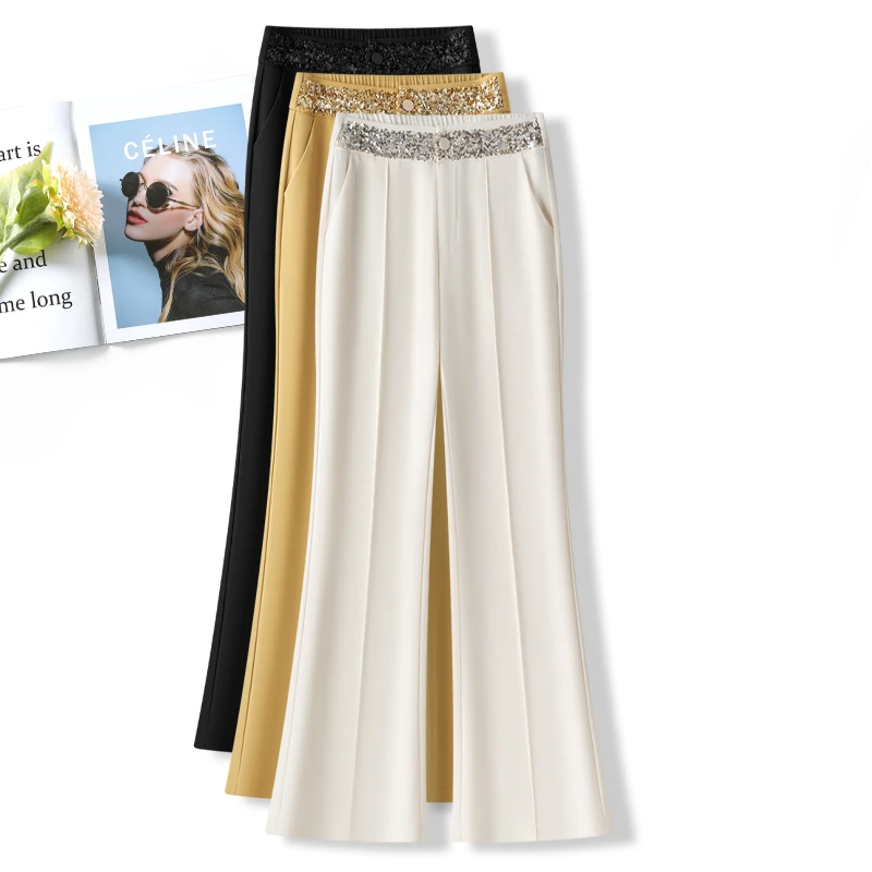 黄色醋酸微喇裤女2025新款夏季薄款高腰显瘦气质喇叭裤垂感西装裤