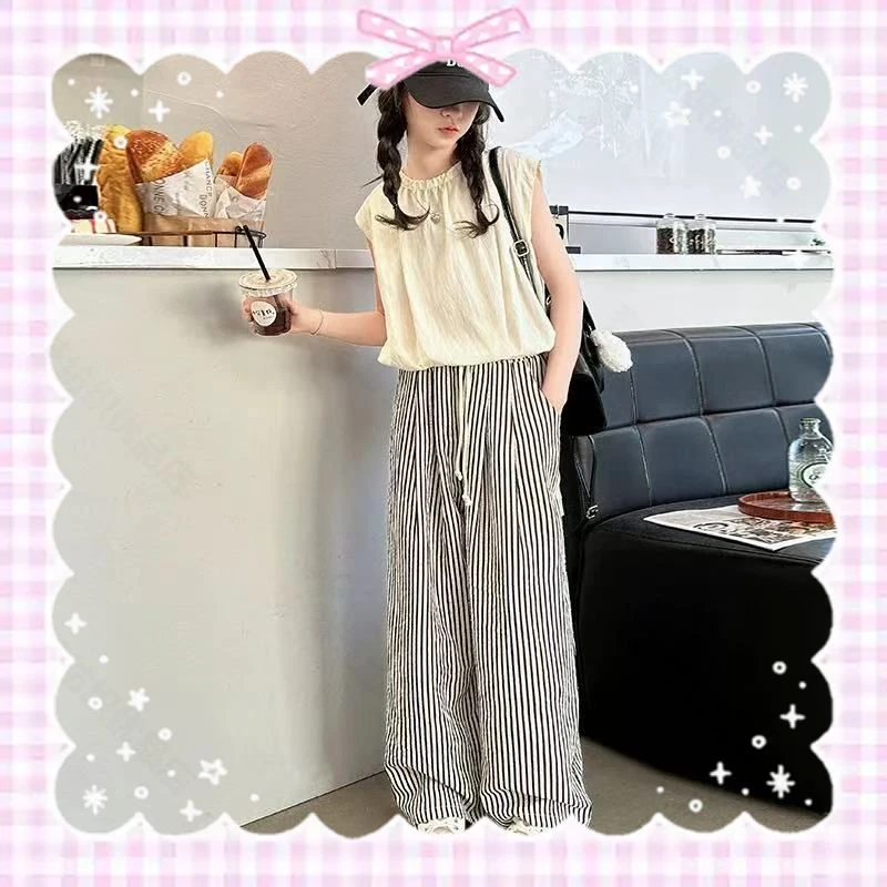 女童套装2025夏季新款时尚舒适无袖上衣条纹阔腿裤潮款百搭两件套
