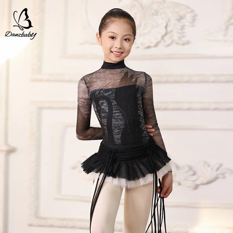 Danzbaby少儿芭蕾舞练功服体服长袖高领天鹅印花体服半裙BAS22