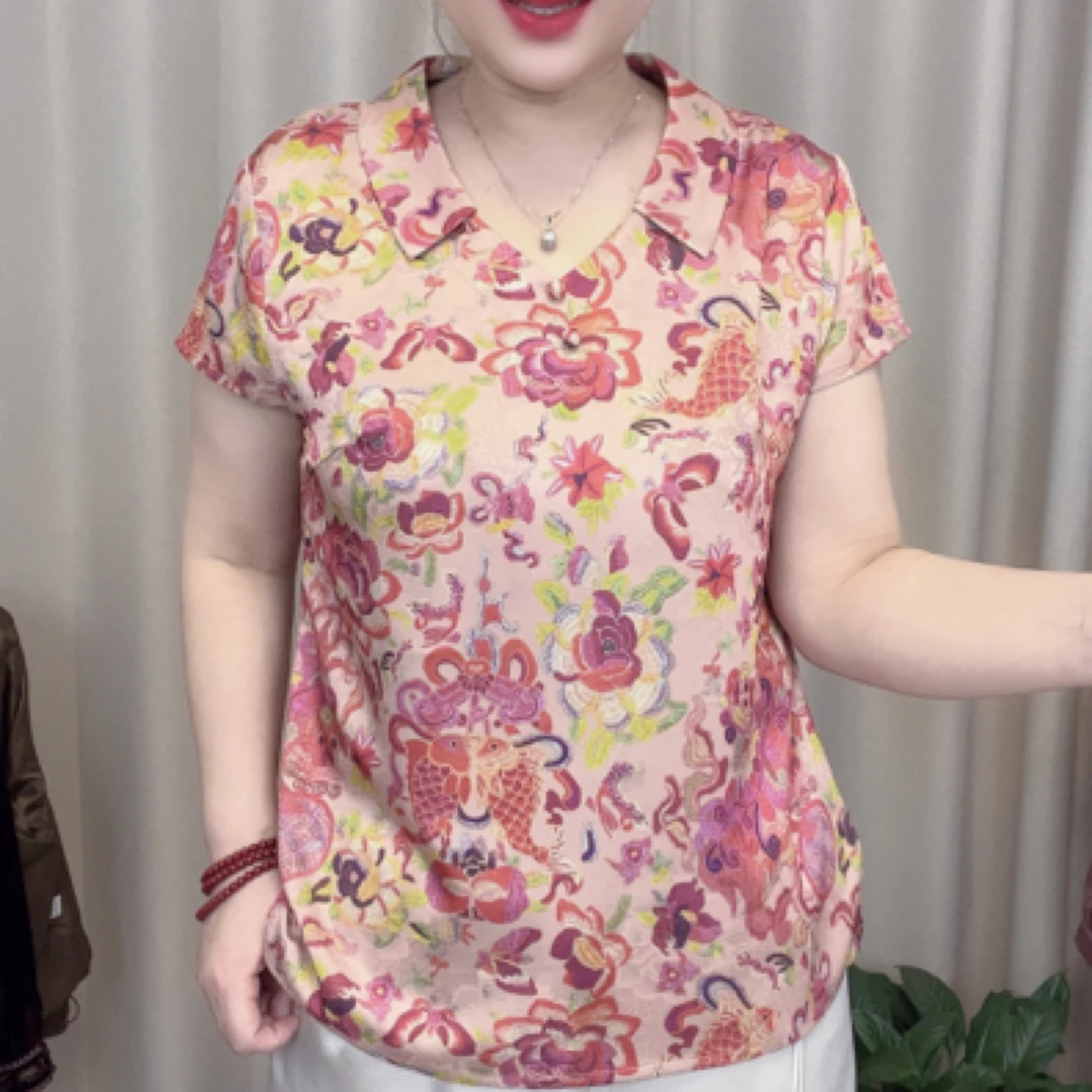 8618夏季新款舒适透气翻领中老年女装加大码时尚气质百搭小衫