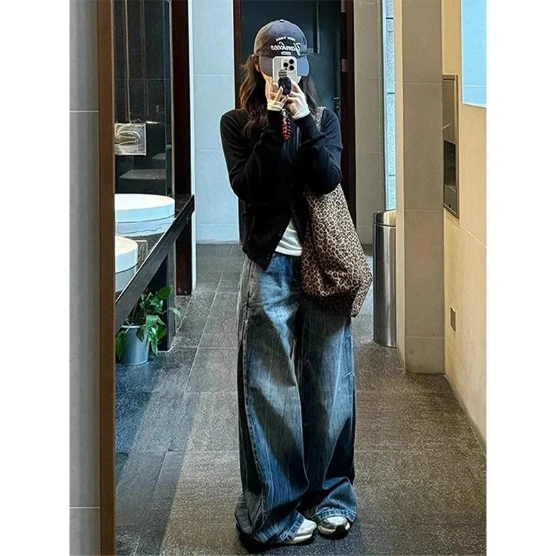 美式复古水洗微喇阔腿牛仔裤女夏季2025新款小众高腰直筒宽松裤子