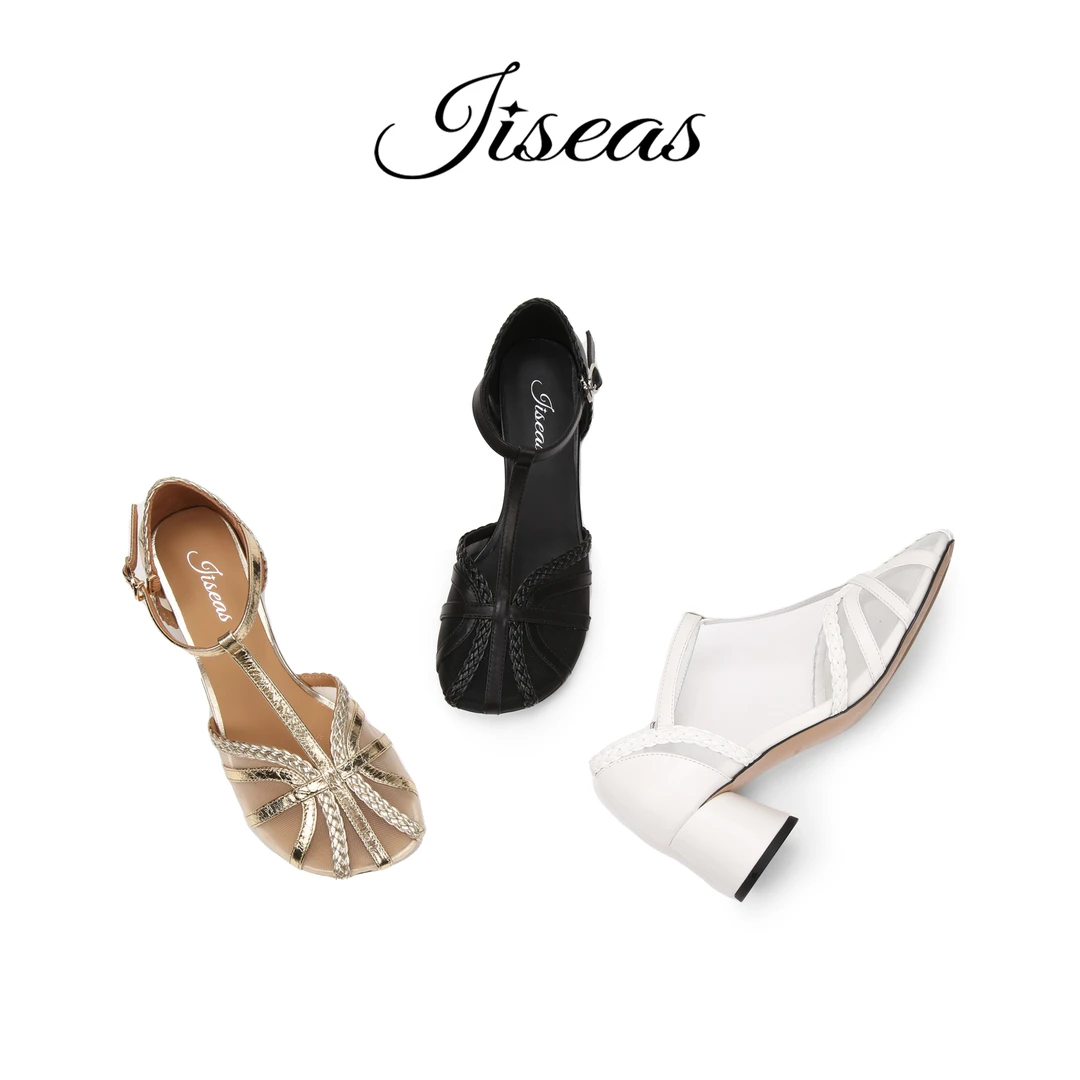 JISEAS/2025夏季女士真皮包头编织镂空带粗跟气质凉鞋15A3080