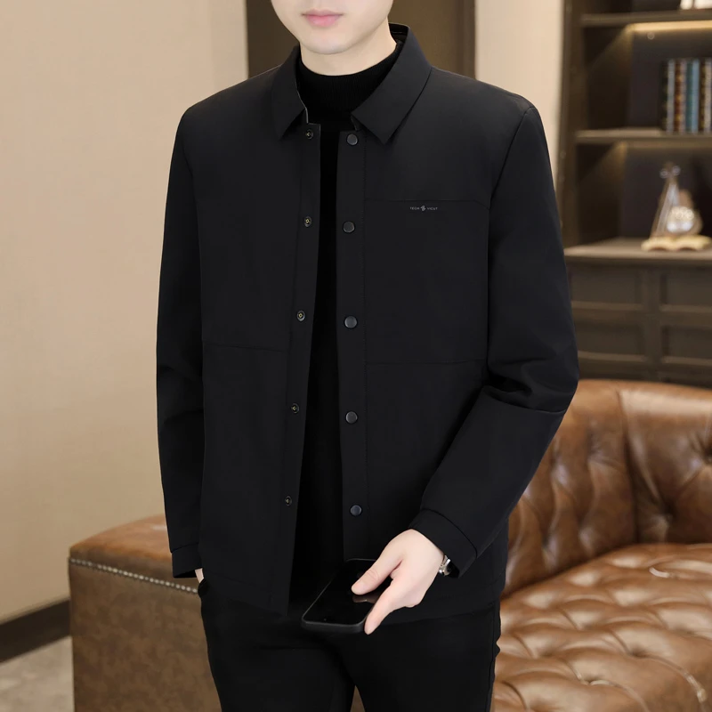 秋冬季轻薄男士行政夹克羽绒服男装商务休闲中年抗皱保暖翻领外套