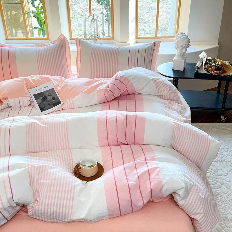 A类全棉色织水洗棉四件套100纯棉简约格子款无印风床单被套枕套