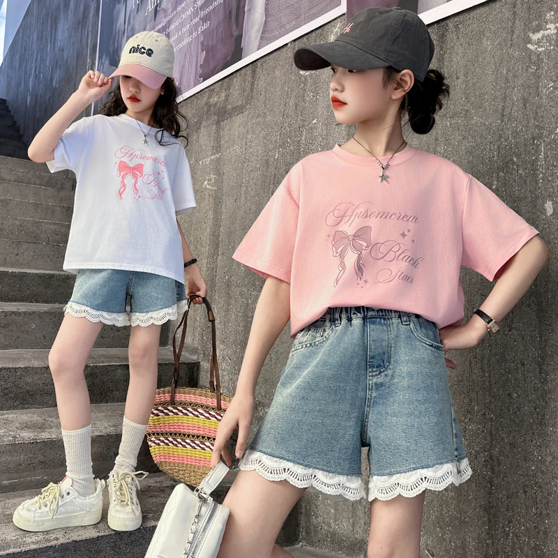 女童夏装套装2025新款儿童洋气短袖t恤女大童网红牛仔短裤两件套