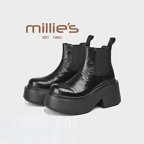 MILLIE'S/妙丽真皮厚底女鞋冬季新款时尚百搭增高加绒切尔西短靴Q