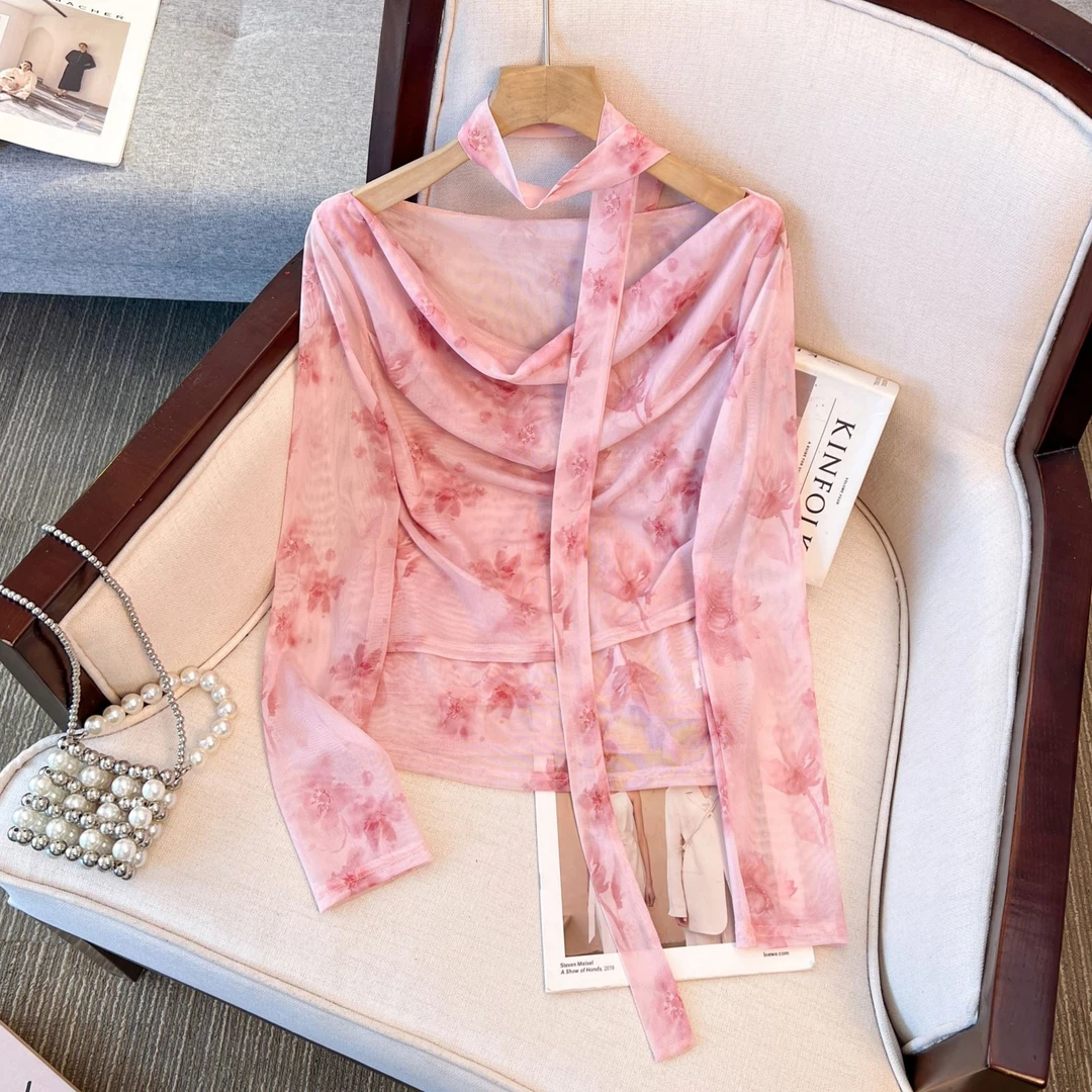 荡领弹力双层网纱打底上衣女春夏新款设计感优雅晕染飘带长袖恤