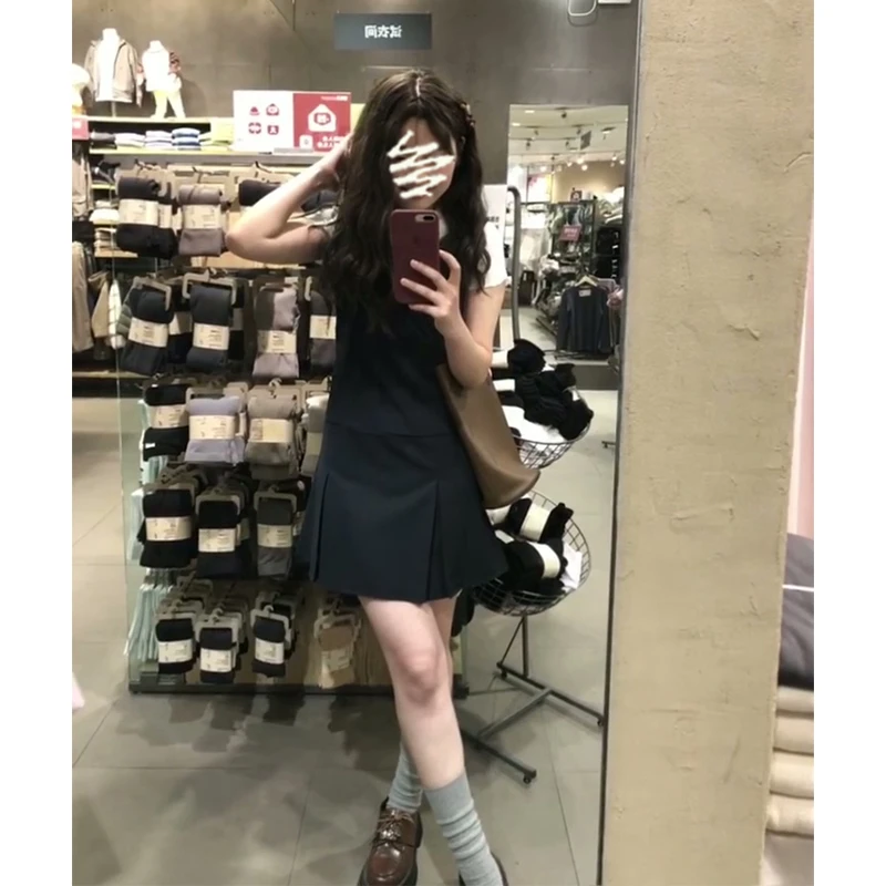 A1157#夏新款韩系穿搭翻领修身上衣设计感收腰显瘦V领背心连衣裙