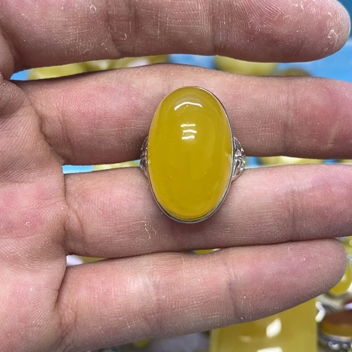 蜜蜡裸石银S925镶嵌戒指