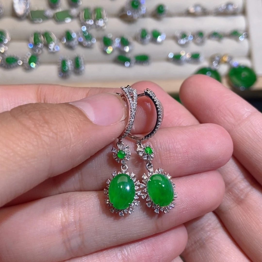 翡翠18K金镶嵌耳饰天然缅甸A货翡翠