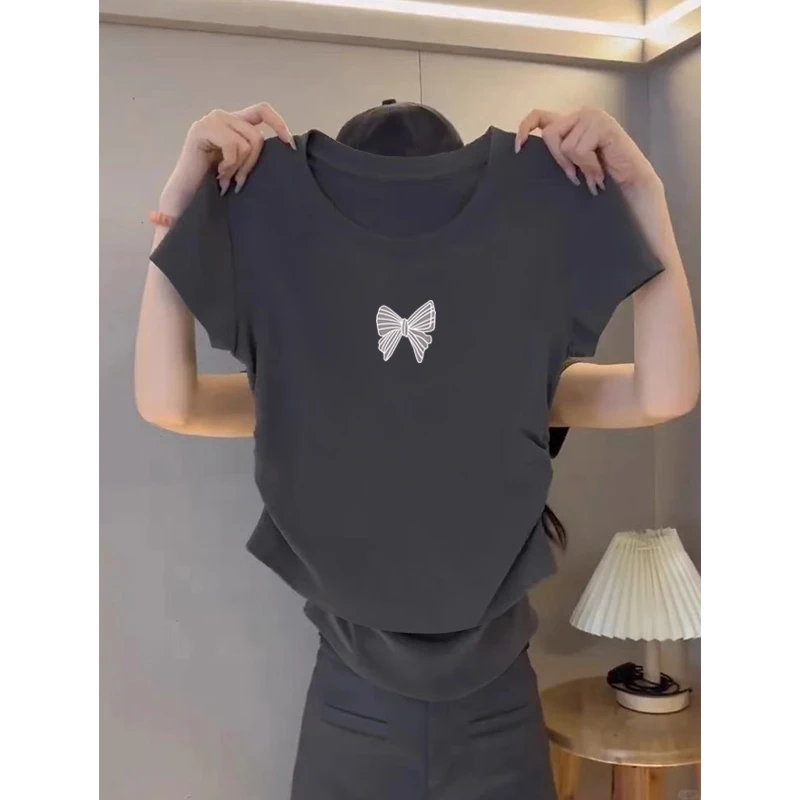 不规则褶皱圆领短袖t恤女夏季设计感修身短款小个子正肩体恤上衣