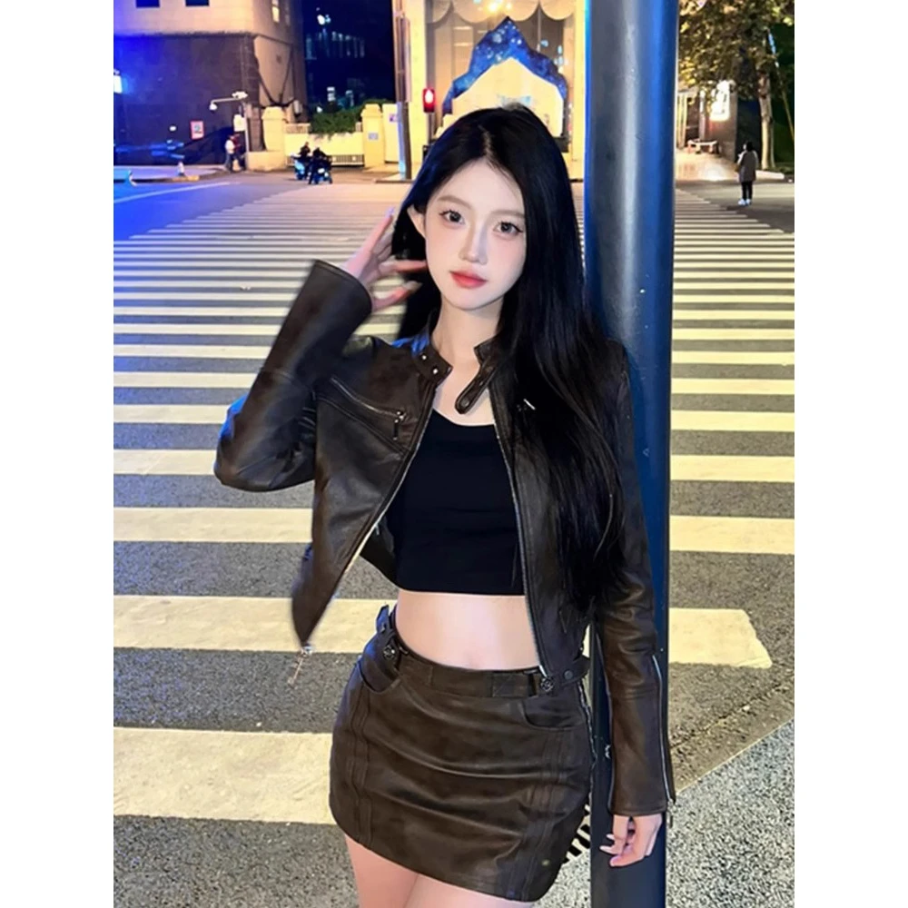 美式圆领短款黑色皮衣外套女2025春季新款修身显瘦高级感夹克上衣