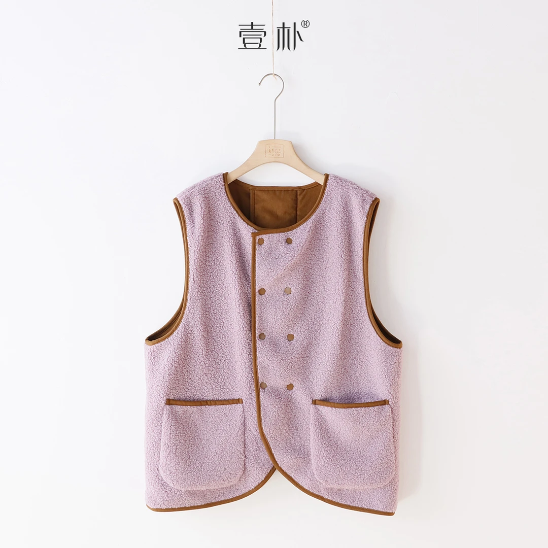 复古美式撞色毛毛双排扣圆领加绒马甲 两面穿秋冬坎肩背心 5215TK