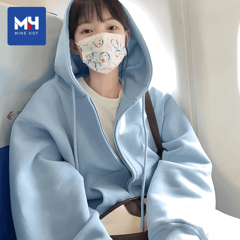 唐狮集团2025新款MH春秋宽松卫衣女爆款慵懒风连帽蓝色开衫外套潮