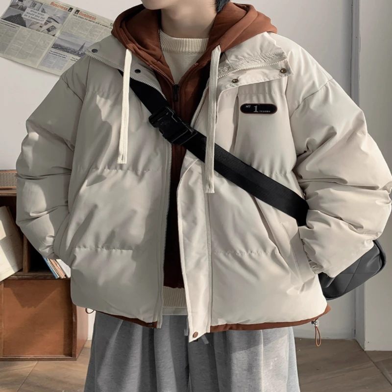 仓石一树假两件棉服男款冬季宽松休闲加厚保暖外套学生连帽棉袄子